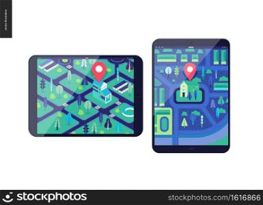 Business series, color 3 - map - modern flat vector illustration, creative concept of location. Isometric and flat maps with a marked building, streets and trees on the tablet screens. Business series - map