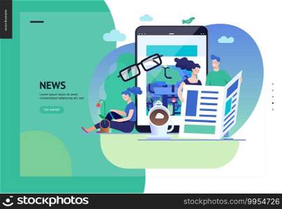 Business series, color 3 - news or articles- modern flat vector illustration concept of people reading news on various medium and tablet screen, glasses, coffee. Creative landing page design template. Business series - news or articles, web template