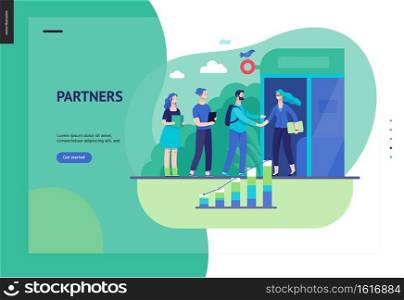 Business series, color 3 - partners -modern flat vector illustration concept of people shaking their hands in the office entrance. Business workflow management. Creative landing page design template. Business series - partners web template
