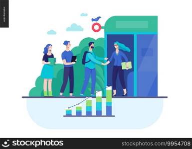 Business series, color 3 - partners -modern flat vector illustration concept of people shaking their hands in the office entrance. Business workflow management. Creative landing page design template. Business series - partners web template