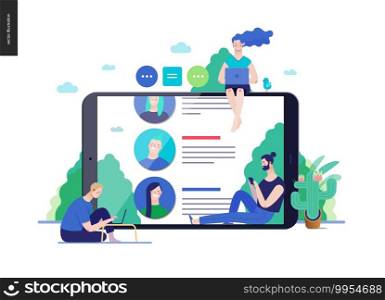 Business series, color 3 - reviews -modern flat vector illustration concept of people writing reviews and the review page on the tablet screen. Creative landing page or company product design template. Business series - reviews, web template