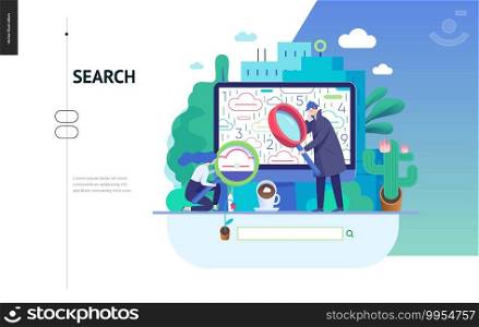 Business series, color 3 - search page - modern flat vector illustration concept of digital data research on computer. Information researching interaction process Creative landing page design template. Business series - search page web template