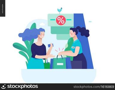 Business series, color 3 - where to buy - modern flat vector illustration concept of a customer and a shop assistant. Selling interaction and purchasing process. Creative landing page design template. Business series - where to buy web template