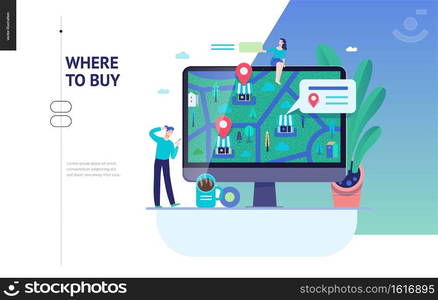 Business series, color 3 - where to buy - modern flat vector concept illustration of map, marked shops, computer screen Selling interaction and purchasing process Creative landing page design template. Business series - where to buy web template