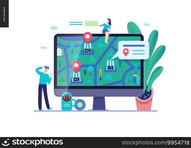 Business series, color 3 - where to buy - modern flat vector concept illustration of map, marked shops, computer screen Selling interaction and purchasing process Creative landing page design template. Business series - where to buy web template