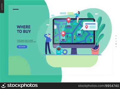 Business series, color 3 - where to buy - modern flat vector concept illustration of map, marked shops, computer screen Selling interaction and purchasing process Creative landing page design template. Business series - where to buy web template