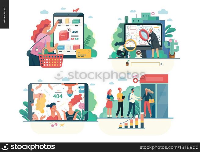 Business series set, color 1 -modern flat vector concept illustrated topics - buy online shop, search page, error 404, partners. Creative landing web page design template. Business series - set
