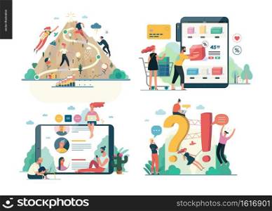 Business series set, color 1 -modern flat vector concept illustrated topics - career, buy online shopping, reviews, faq - question and answer. Creative landing web page design template. Business series - set