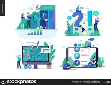 Business series set, color 2-modern flat vector concept illustrated topics -b2b partnership, questions and answers faq, where to buy -location, forum reviews. Creative landing web page design template. Business series - set