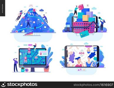 Business series set, color 2-modern flat vector concept illustrated topics - career, cart - online shopping, where to buy - location, error 404. Creative landing web page design template. Business series - set