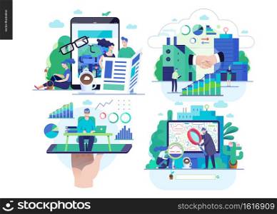 Business series set, color 2-modern flat vector concept illustrated topics - news - articles, b2b partnership, online expert - consulting, search results. Creative landing web page design template. Business series - set