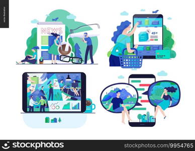 Business series set, color 2-modern flat vector concept illustrated topics - news - articles, online shopping cart, about the company - office life, chat. Creative landing web page design template. Business series - set
