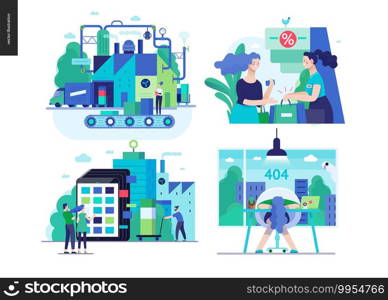 Business series set, color 2-modern flat vector concept illustrated topics - production - manufacture, sale - discount, product catalogue, error 404. Creative landing web page design template. Business series - set