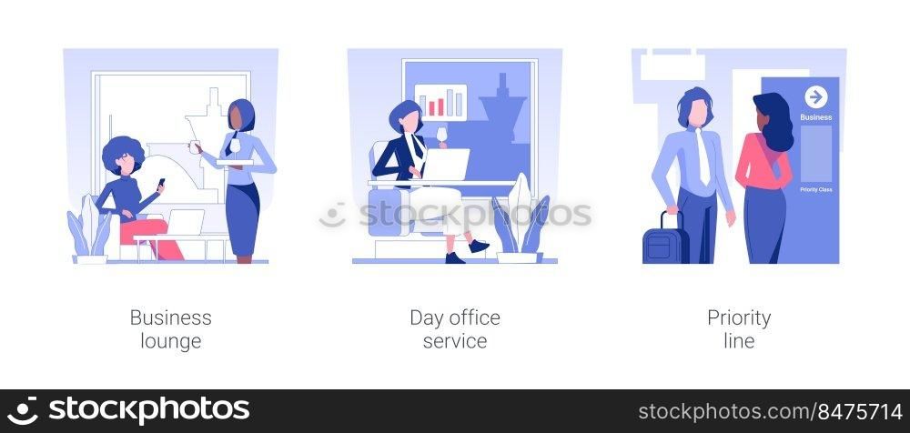 Business services in the airport isolated concept vector illustration set. Business lounge, day office service, priority line, airport departure hall, business class travel vector cartoon.. Business services in the airport isolated concept vector illustrations.