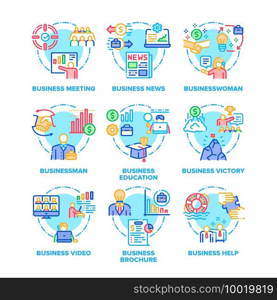Business Set Icons Vector Color Illustrations. Meeting And News, Businesswoman And Businessman, Education And Video Conference, Victory And Help Support, Brochure And Documents Color Illustrations. Business Set Icons Vector Color Illustrations