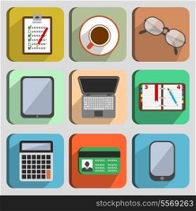 Business set workplace elements of tablet coffee glasses and id card with shadows vector illustration