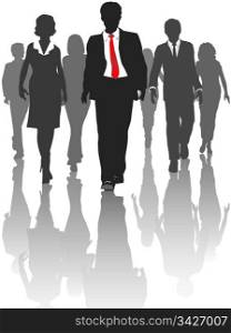 Business silhouette people walk forward toward progress.