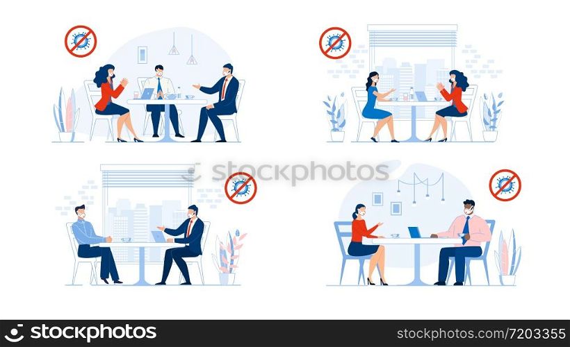 Business Situation and Coworker, Partner, Boss Chief and Employee, Employer and Newcomer Communication after Coronavirus Pandemic. Office Work, Lunch Break, Negotiation, Recruitment. People Scene Set. Business Situation Office Work Lunch Break Set