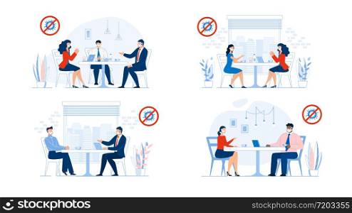Business Situation and Coworker, Partner, Boss Chief and Employee, Employer and Newcomer Communication after Coronavirus Pandemic. Office Work, Lunch Break, Negotiation, Recruitment. People Scene Set. Business Situation Office Work Lunch Break Set