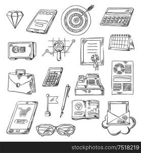 Business sketch icons of calculators, financial graph and report, safe, target with arrow and briefcase, diamond, calendar and email, tablet pc and diploma, flag, pen, glasses and cash register. Business, finance and banking sketch icons