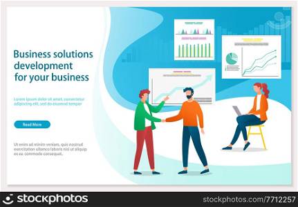 Business solitions development for your business webpage template. Creative innovations, path of modernization. Team of people make a business plan together. Landing page management process. Business solitions development for your business webpage template. Path of modernization