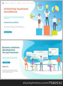 Business solution development and achieving business excellence vector. People with prize and award for success, conference meeting of workers. Website or webpage template, landing page flat style. Achieving Business Excellence, Business Solution