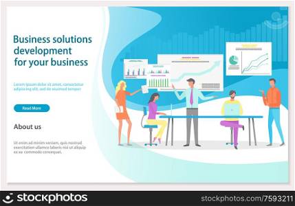 Business solution development conference of people vector. Infographics and charts on board, boss with employees on meeting, brainstorming workers. Website or webpage template, landing page flat style. Business Solution Development Website Landing
