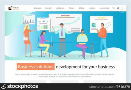 Business solution development vector, people on meeting presentation with charts and analytics schemes and diagrams conference of employees. Website or webpage template for business, landing page flat. Business Solution Development for Your Website