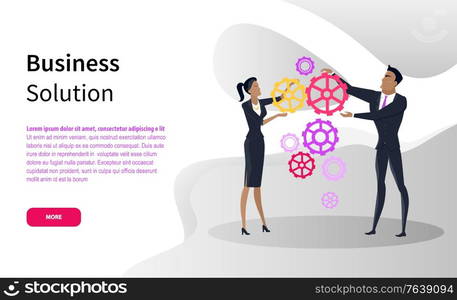 Business solution, office workers and cogwheels online web page vector. Businesswoman and businessman fixing mechanism, work strategies and planning. Office Workers and Cogwheels, Business Solution