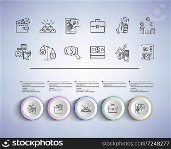Business solution presentation with icons of income statistics and market analysis on gray background. Vector illustration for startup demonstration. Business Solution Presentation Vector Illustration