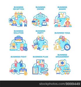 Business Solution Set Icons Vector Illustrations. Business Reception And Engagement, Owner And Employee, Yoga And Party Celebration, Fight Competition And Award For Winner Color Illustrations. Business Solution Set Icons Vector Illustrations
