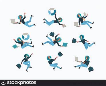 Business space. Universe characters managers corporate business persons in costumes with suitcase and helmets garish vector flat people. Illustration of business cosmonaut universe. Business space. Universe characters managers corporate business persons in costumes with suitcase and helmets garish vector flat people