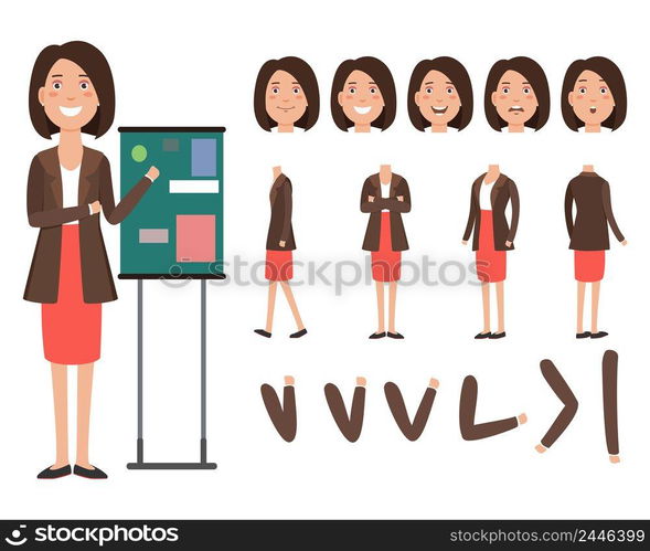 Business speaker character set with different poses, emotions, gestures. Animation constructor, front, back and side view. Can be used for topics like teacher, businesswoman, business coach