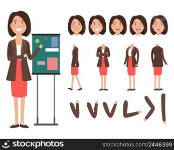 Business speaker character set with different poses, emotions, gestures. Animation constructor, front, back and side view. Can be used for topics like teacher, businesswoman, business coach