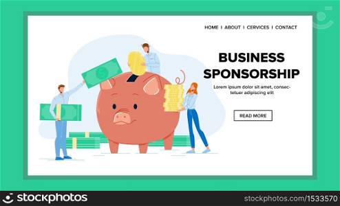 Business Sponsorship Piggy Bank With Money Vector. Businesspeople Man And Girl Adding Coin And Dollar Banknotes For Business Sponsorship. Characters Investment Web Cartoon Illustration. Business Sponsorship Piggy Bank With Money Vector