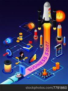 Business start isometric composition on purple background with button for rocket launch, finance, planning, strategy, vector illustration . Business Start Isometric Composition