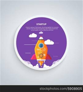 Business start up idea template. Start up rocket idea. New business project start up, launching new product or service in flat design on round banner