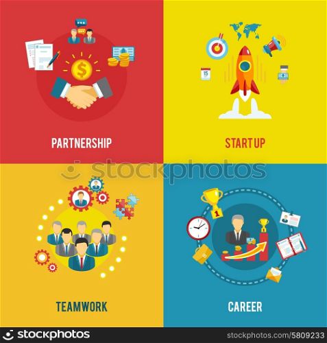 Business startup 4 flat icons square. Partnership teamwork and innovative ideas in startup business planning 4 flat icons composition abstract isolated vector illustration