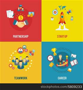 Business startup 4 flat icons square. Partnership teamwork and innovative ideas in startup business planning 4 flat icons composition abstract isolated vector illustration