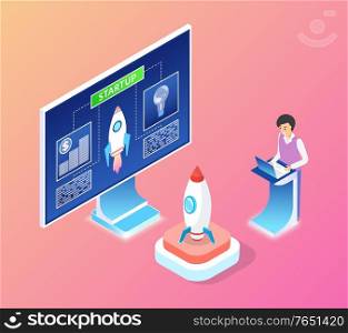 Business startup and launching of rocket vector, isolated monitor with information and data, man standing by pedestal with rocket, spaceship on stand. Man Working on Startup and Rocket Launching Vector