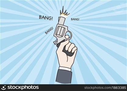 Business startup and new project concept. Human hand holding pistol gun ready to shoot for new business startup vector illustration . Business startup and new project concept