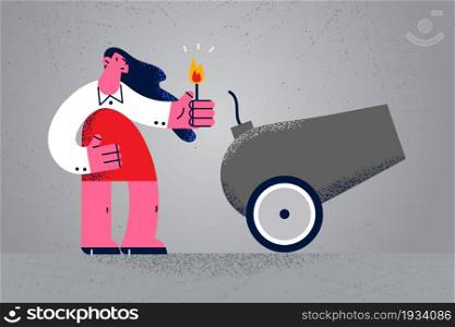 Business startup and project concept. Young businesswoman cartoon character standing and putting fire to gun cannon launching project vector illustration . Business startup and project concept