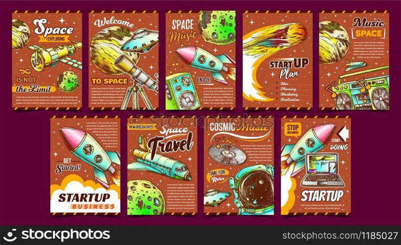 Business Startup And Space Music Banner Set Vector. Different Collection Of Creative Business Advertising Posters. Rocket And Shuttle, Satellite And Ufo, Dynamic And Telescope. Designed Illustrations. Business Startup And Space Music Banner Set Vector