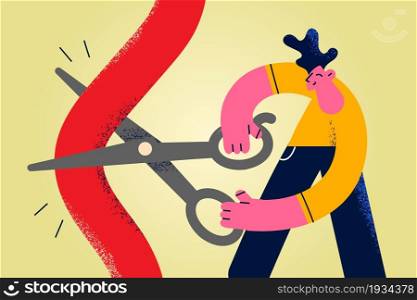 Business startup and success concept. Young smiling positive businessman cartoon character standing cutting red ribbon with scissors vector illustration . Business startup and success concept.