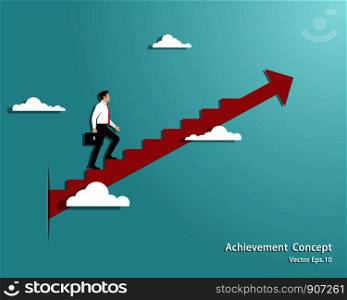 Business startup concept. Businessman walking the stairs up to successful, Achievement, Arrow, Leadership, Vector illustration flat