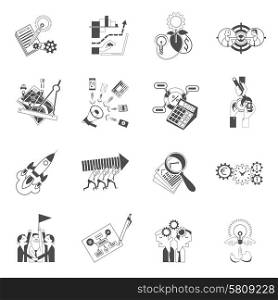 Business startup concept for innovative ideas successful realization black graphic silhouette icons collection abstract isolated vector illustration. Business teamwork concept black icons set