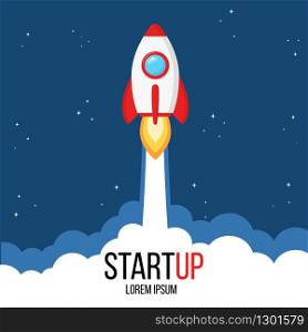 Business startup concept for web page, banner, presentation, social media. Rocket launch and smoke. Startup project concept. Vector illustration for any design.