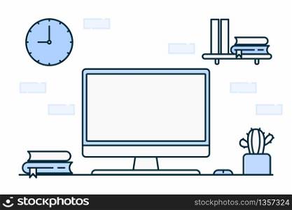 Business startup concept. Freelance home office. workspace illustration with desktop computer. line art style.