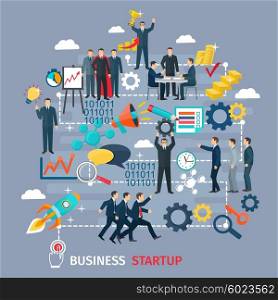 Business Startup Concept Illustration . Business startup concept with target and success symbols on grey background flat vector illustration