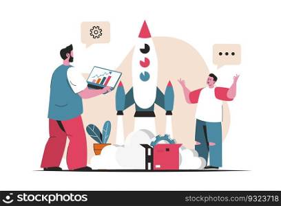 Business startup concept isolated. Launch of new project, creation and development. People scene in flat cartoon design. Vector illustration for blogging, website, mobile app, promotional materials.